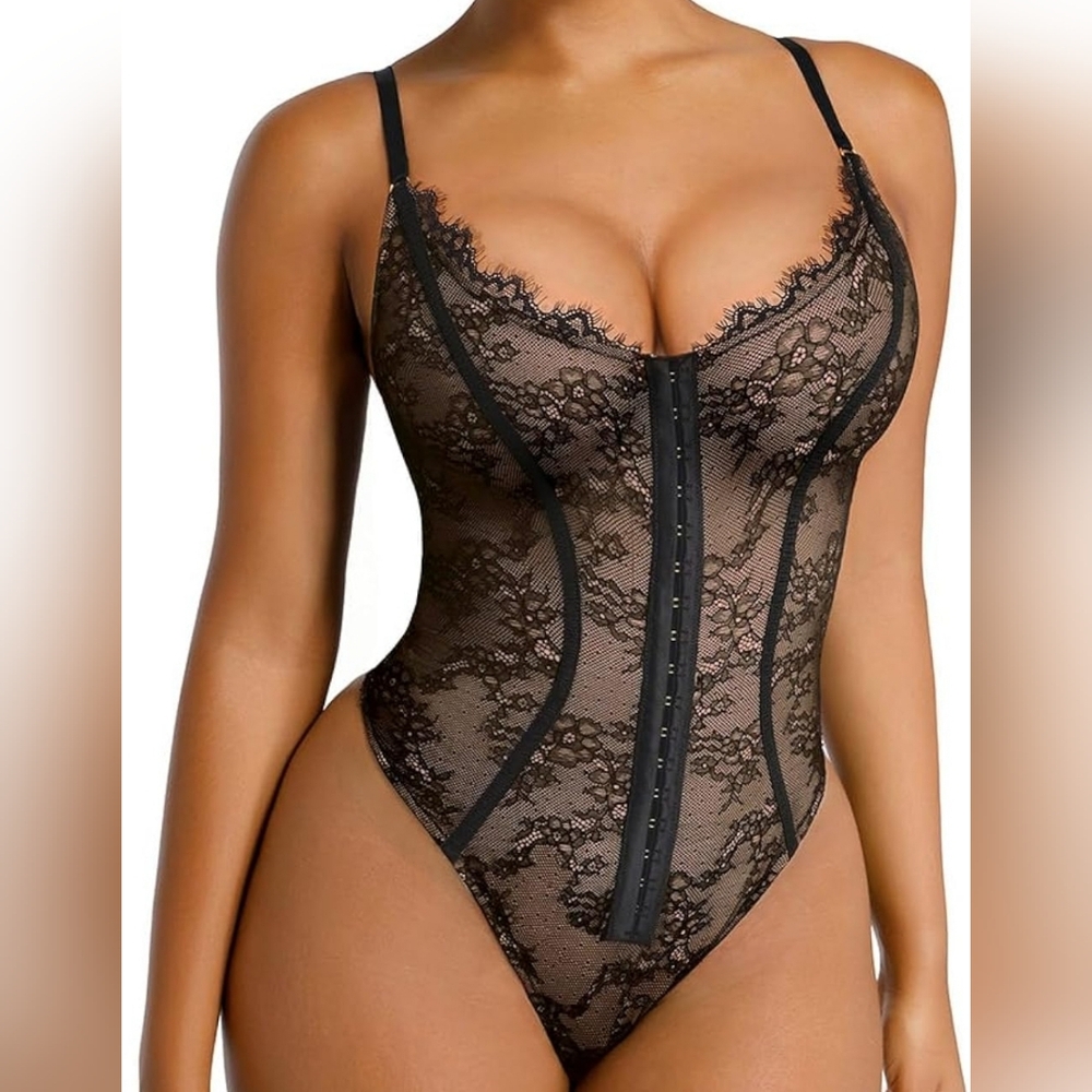 SHAPELLX Black Lace Bodysuit Tummy Control Shapewear Thong SZ XL